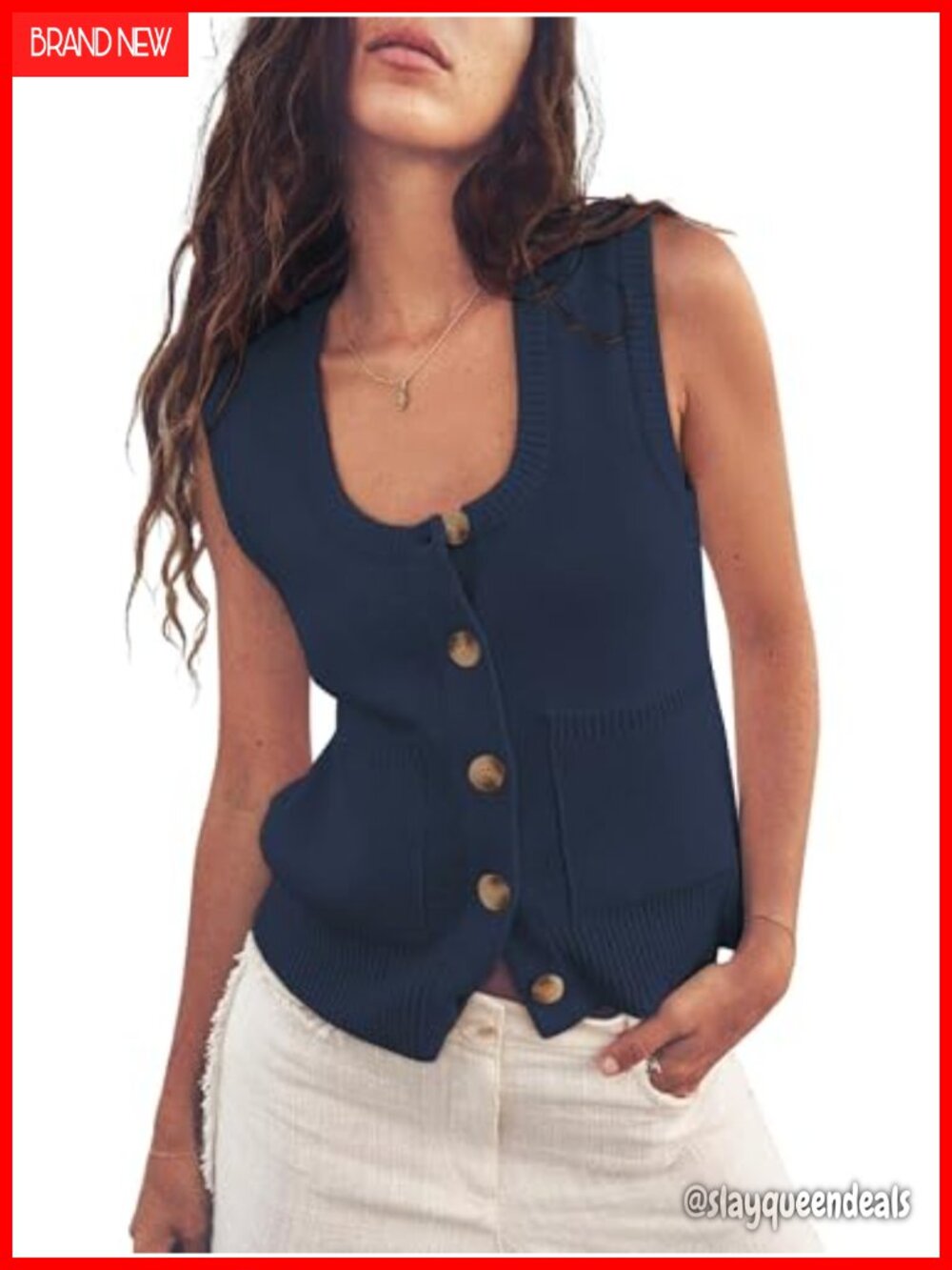 Ribbed Sweater Vest Scoop Neck Sleeveless Button Front Crop Tank Top